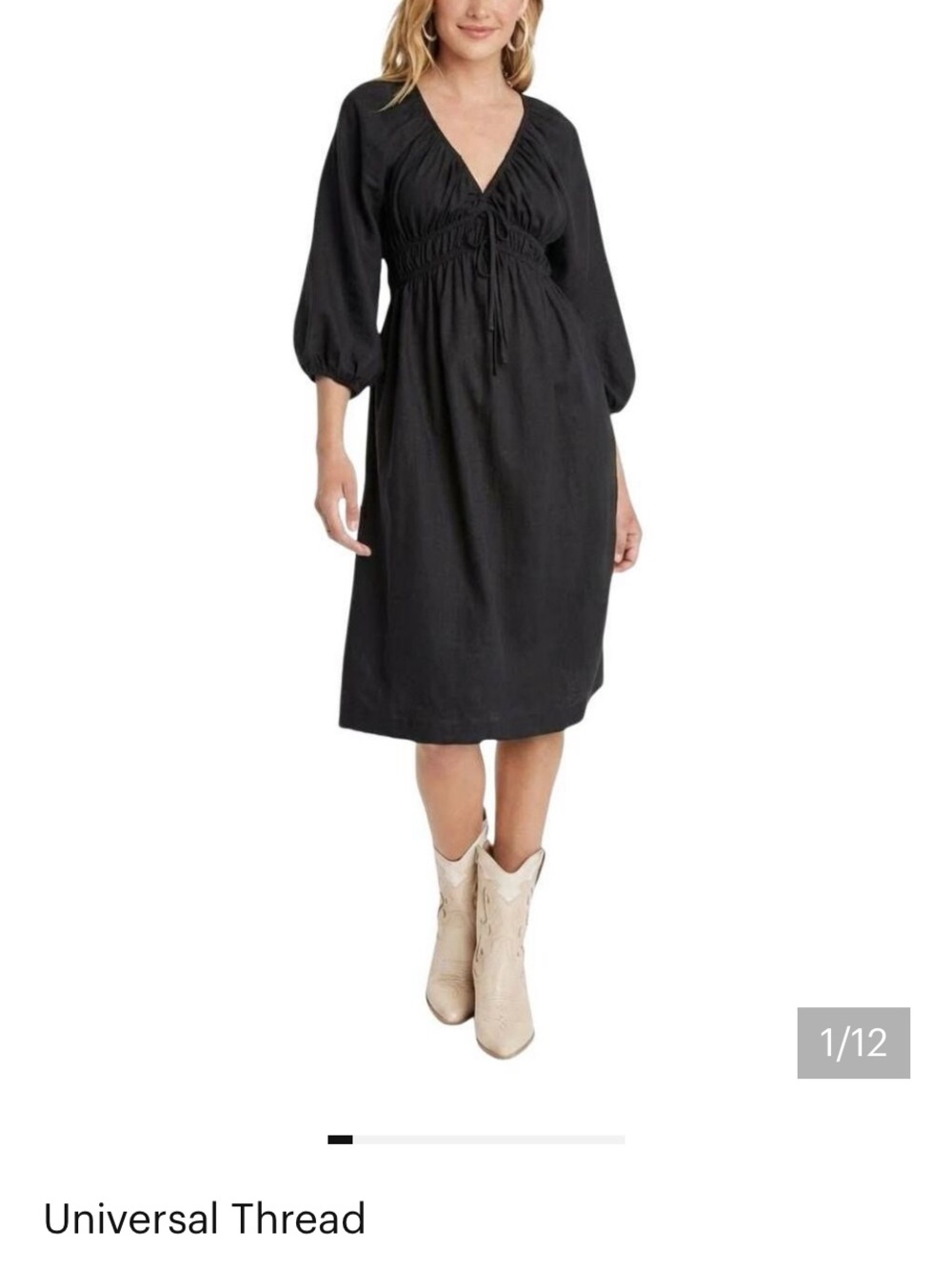 Universal Thread Black Tie Front  V-Neck Midi Dress with Balloon Sleeves